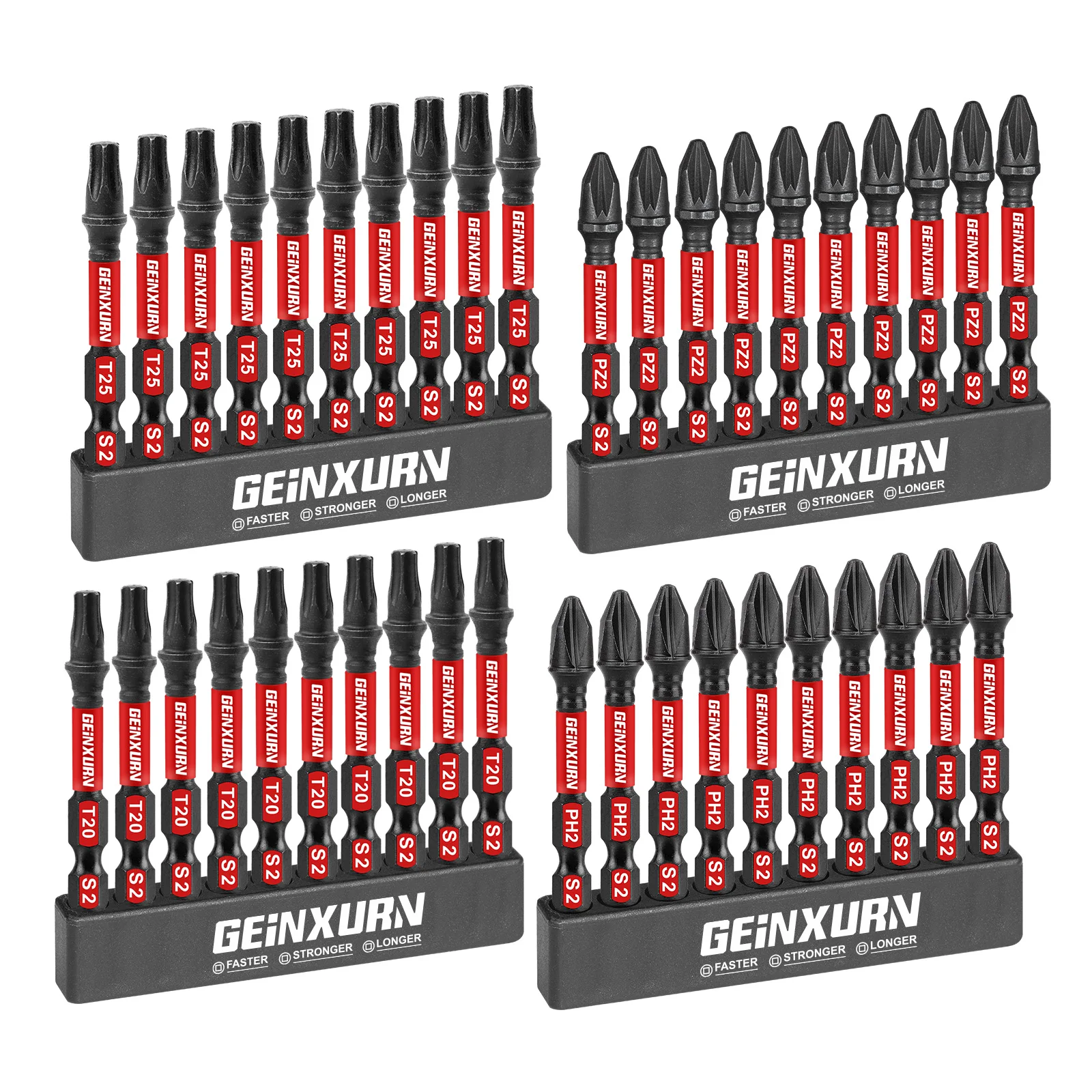 

Geinxurn 40PCS 2'' Mixed Impact Magnetic Screwdriver Bit Set（PH2,PZ2,T20,T25),S2 Alloy Steel Power Bit Set with Base