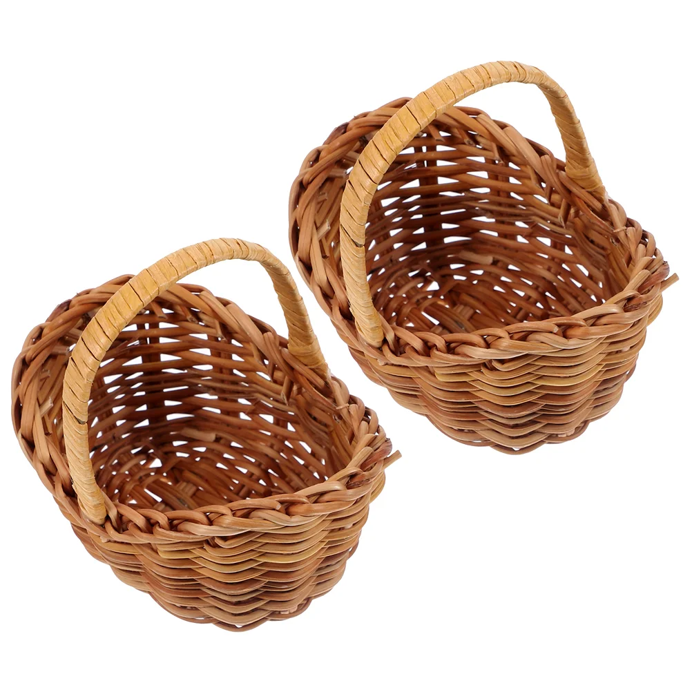 2 Pcs Rattan Flower Basket Small With Handle Mini Baskets For Favors Miniature Woven Toys Kids Handles Simulation Gift