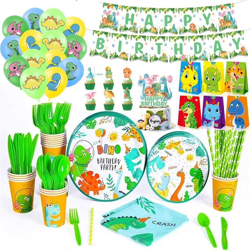 

Cartoon Dinosaur Boy Birthday Party Decorations Disposable Tableware Paper Plates Tablecloth Napkins For Kids Birthday Supplies