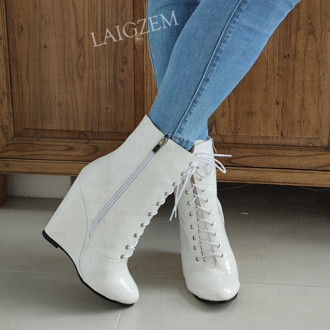 BERZIMER Ankle Boots Wedges Lace Up Round Toe Size Zip Shiny Handmade Short Boots Ladies Female Shoes Woman Big Size 40 45 47 52