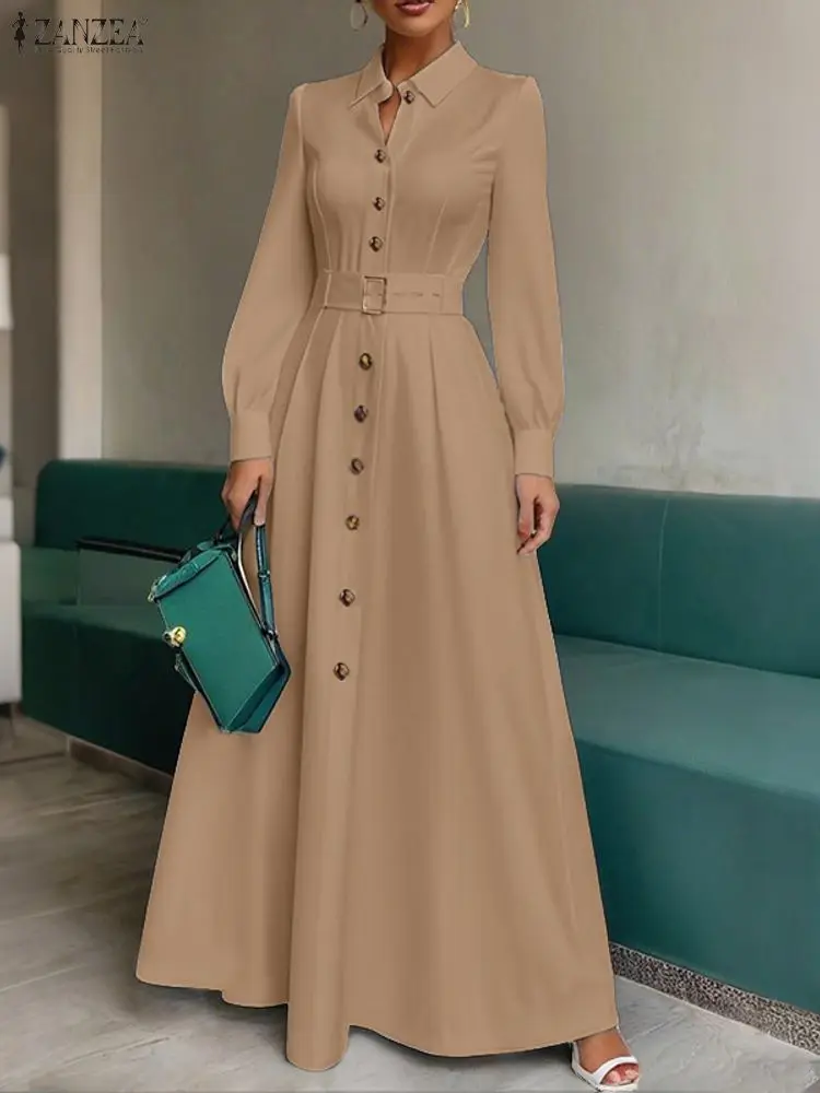 

ZANZEA Women's Elegant Belted Long Shirtdress Turn-Down Collar Long Sleeve Button Up A-Line Maxi Dresses Office Commuting Wear