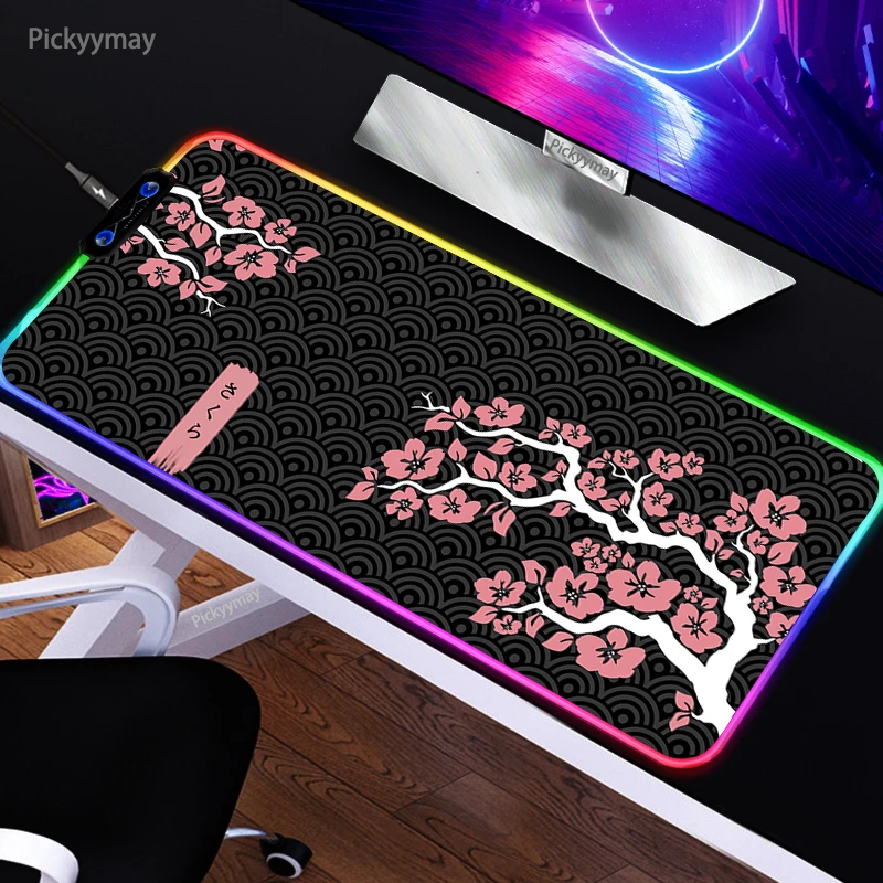 

Large RGB Mouse Pad XXL Japan Sakura Mousepad LED Mouse Mat Black Mousepads Table Pads Keyboard Mats Desk Rug With Backlit