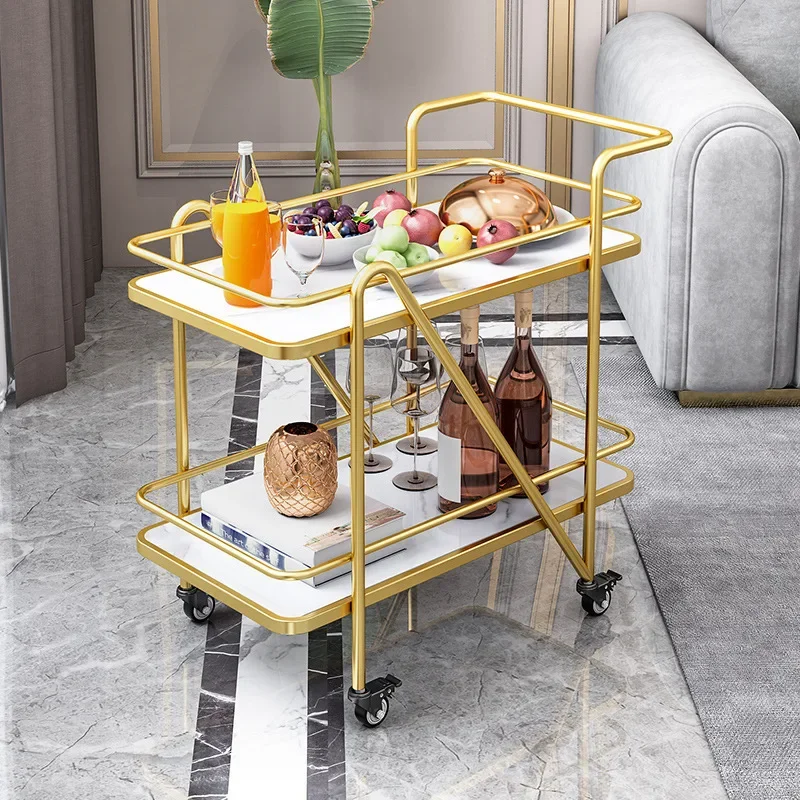 

Fashion Gold Cart Commercial Double-Deck Hotel Serving Cart Cake Beverage Food Trolley Versatile Practical Use