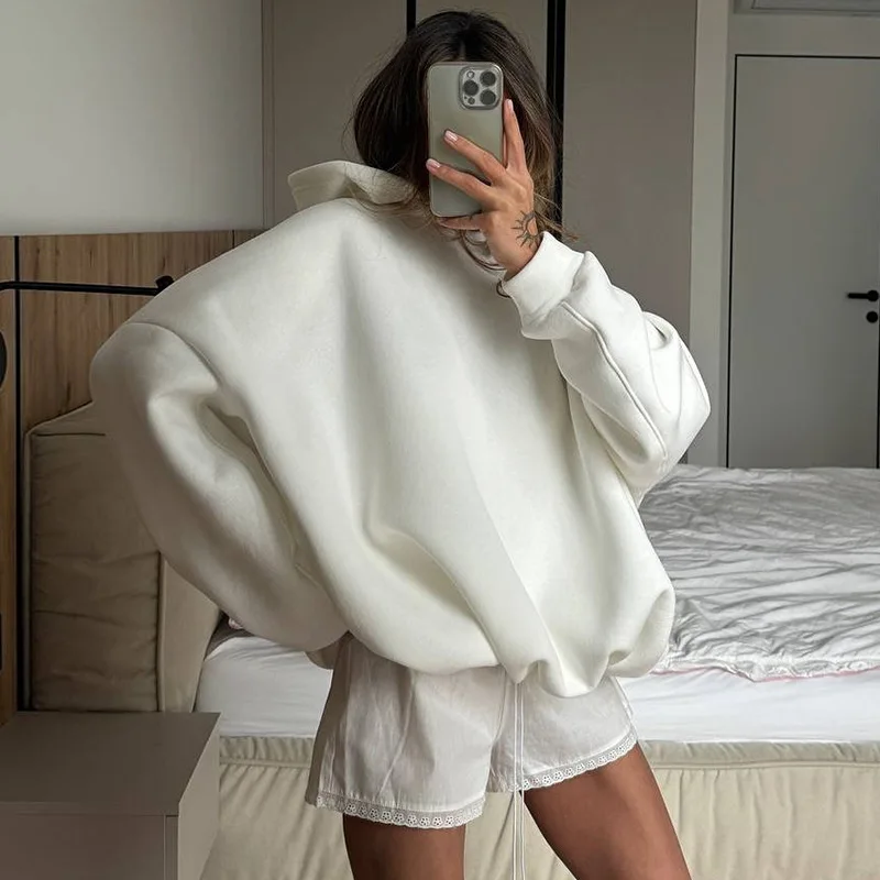 

2026 Autumn Winter New Fashion Solid Color Loose Lazy Style Long Sleeve Drawstring Hoodie Women Top Multiple Colors Available