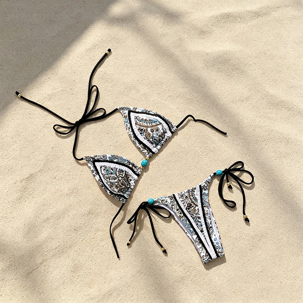Vintage Boho Printed Triangle Bikini Women Swimwear Fashion Lady Halter Beaded Biquini Swimsuit Elegant Mujer Lace Up Beachwear