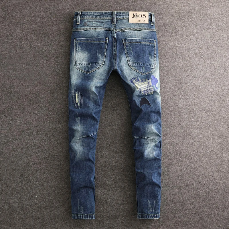 Street Fashion Men Jeans Retro Blue Stretch Slim Fit Patched Ripped Jeans Men Embroidery Designer Hip Hop Vintage Denim Pants