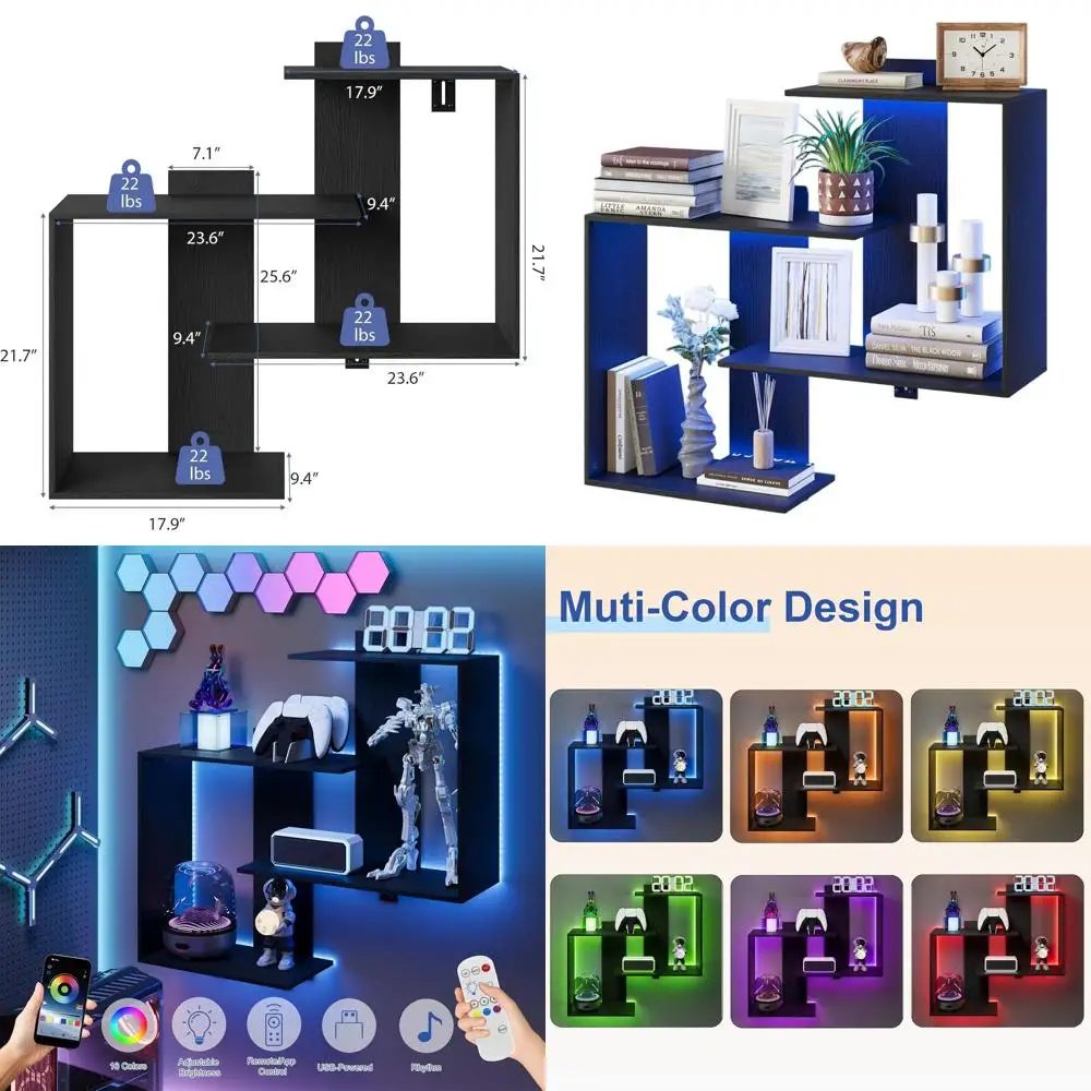 

Плавающие настенные полки с подсветкой для игровых, гостиных и офисных помещений — 16 цветов RGB, простая установка, черный