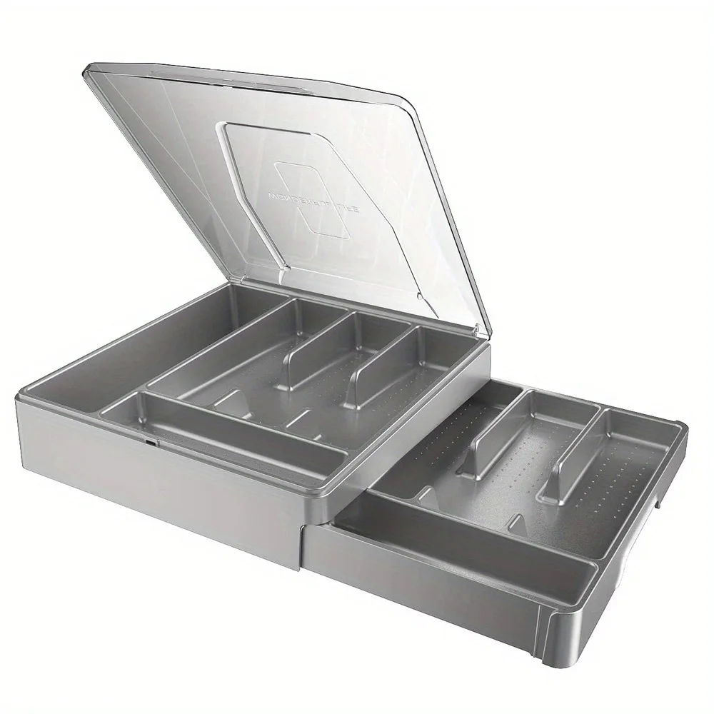 

Double silver storage box with cover, cutlery rack with cover, cutlery storage box, gray