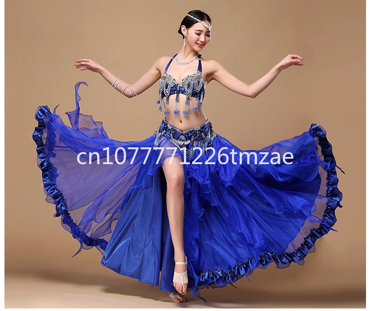 Belly Dance Practice Clothes 2016 New Performance Costume Pearl Embroidery Bra Set Split Flared Skirt