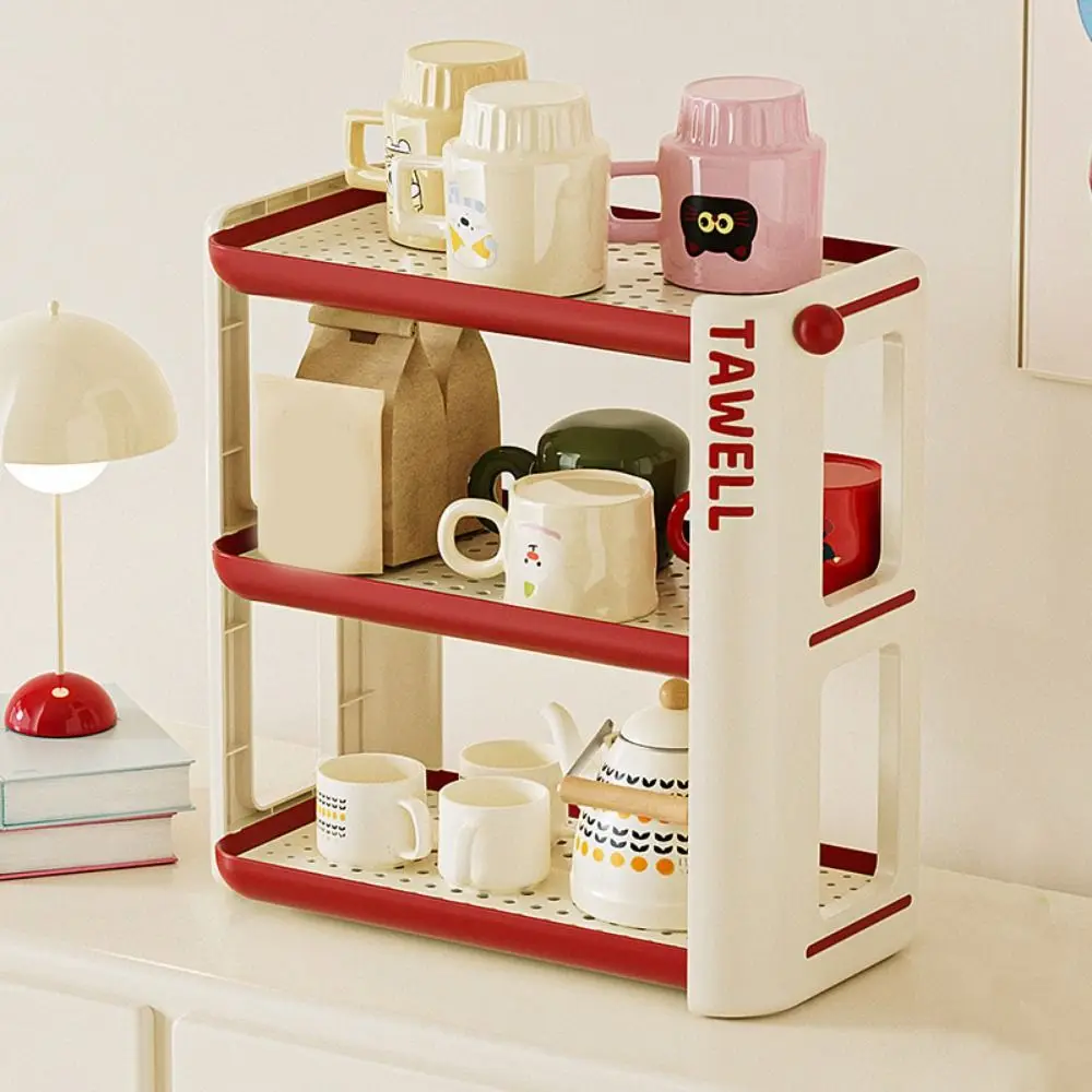 

Plastic Cup Storage Rack Cream Style Removable Tea Cup Holder with Draining Net Large Capacity Sundry Storage Tray Pantry
