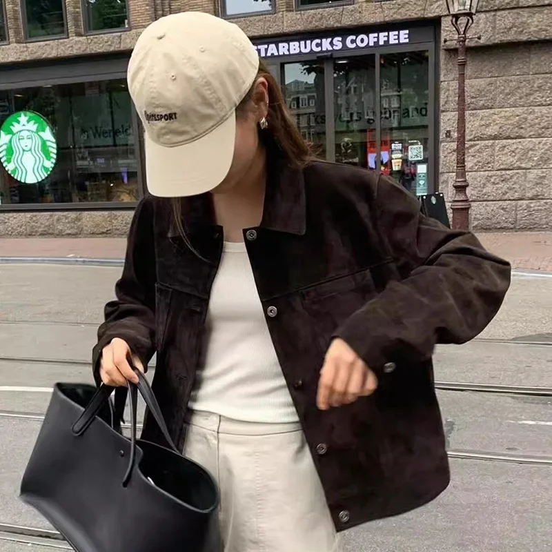 Jaqueta fena estilo retrô americano, manga crida, roupa de trabalho, ajuste solto, bolso duplo, gola virada para baixo...