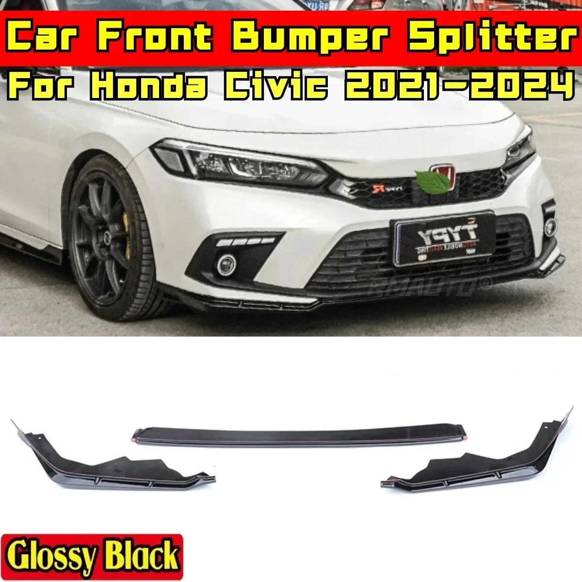 

For Honda Civic 11th Gen 2021-2024 Body Kit Honda Civic 11th Gen Bumper Splitter Glossy Black MUGEN Style Guard Car Accessories