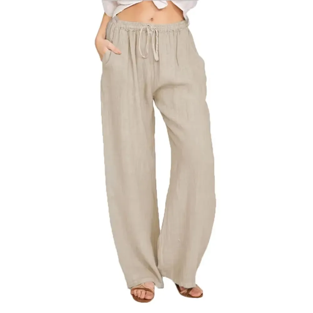 Sommer Herbst Frauen Mode Baumwolle Leinen Hosen Elastische Taille Lose Gerade Hosen Weibliche Casual Einfarbig Vielseitige Hosen – Detail 6