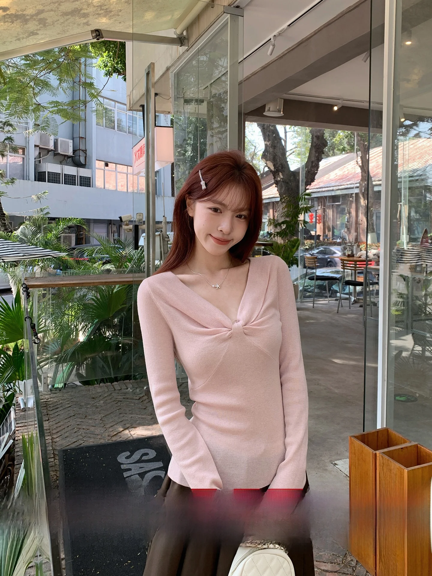 

Розовый вязаный свитер Morning Bloom Gentle Wind Knot для женщин, элегантный топ с длинными рукавами для ранней весны, корейский стиль, облегающий крой, мягкий