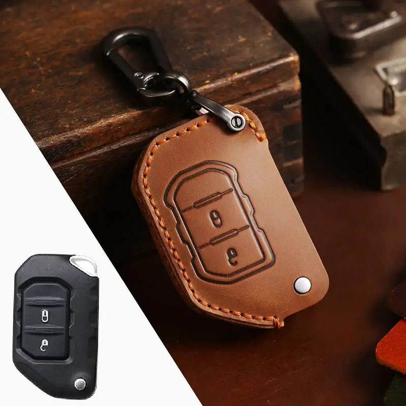 

1pc Leather Car Key Case Cover Case Fob Protector Keychain Holder Accessories for Jeep Wrangler Jl JK Sahara Robin Hood Shell