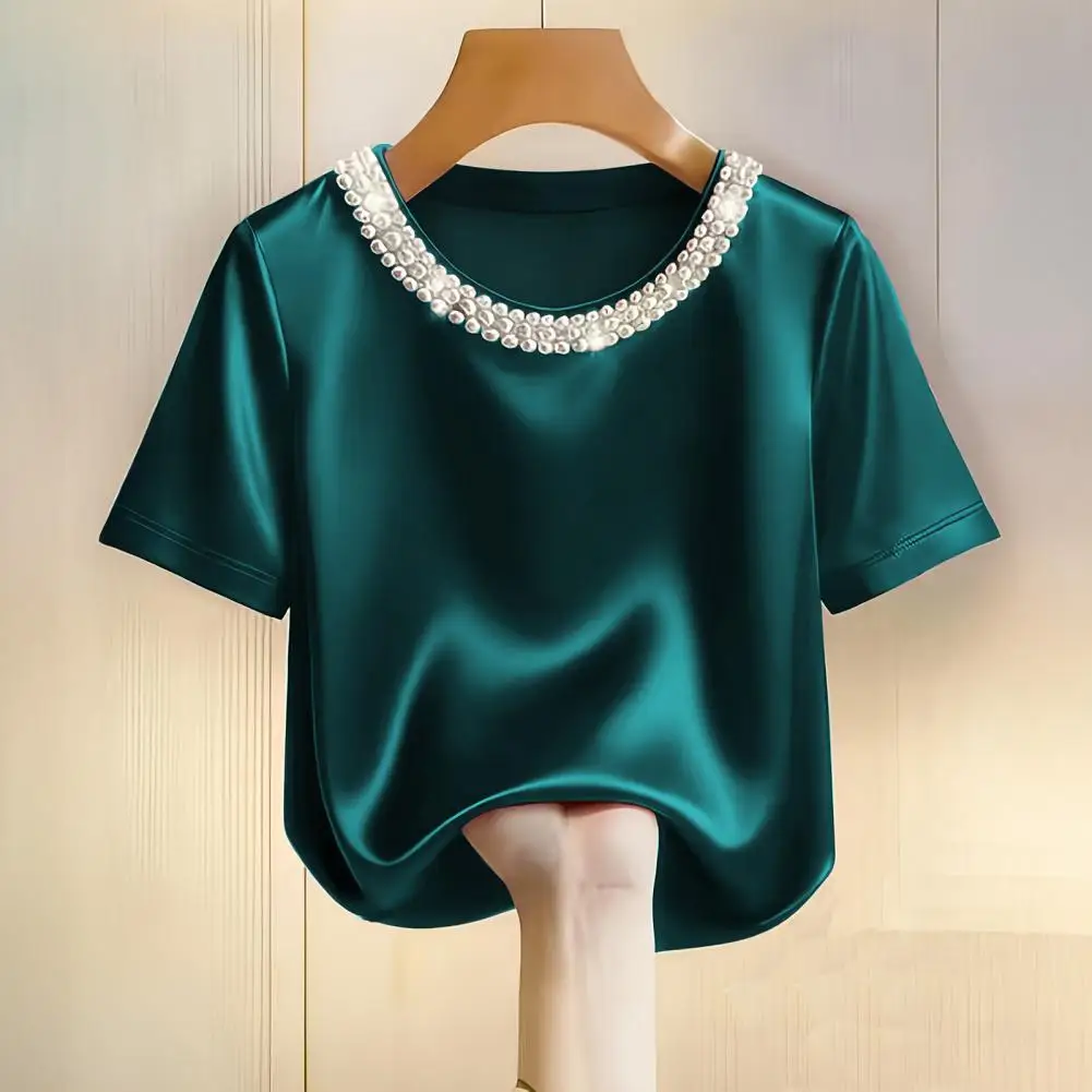 

Hand-Sewn Imitation Pearl Women Blouse Satin Fabric Collar Pearl Sexy Short Sleeve Layered Necklace Blouse Shirt Clubwear