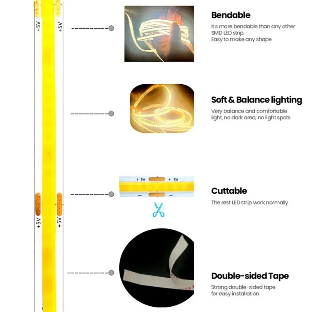 5V USB COB LED Strip DC 5V 8mm larghezza nastro LED flessibile 320led COB Light con striscia LED adesiva ad alta densità di illuminazione lineare