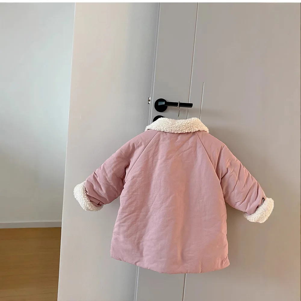 Girl Cotton-padded Clothes Autumn Winter 2024 New Thickened Lamb Wool Keep Warm Flip Collar Tops Casual Simple Fashion Sweet