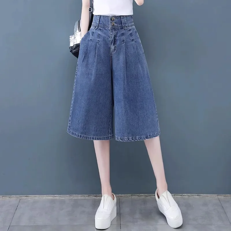 

Женские джинсовые шорты с высокой талией, летние синие широкие брюки, свободные полубрюки до колена, тонкие прямые джинсовые шорты