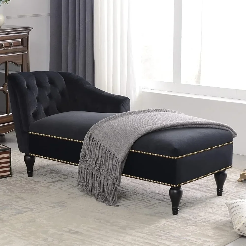 

58" Velvet Chaise,Button Tufted Arm Facing Chair with Solid Wood Legs for Living Room or Office,Sleeper Lounge Sofa,Black