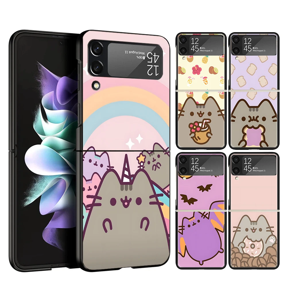 Capa de telefone de gato p-pusheen dos desenhos animados para samsung galaxy z flip 7 6 5 4 3 5g zflip7 zflip6 zflip5 zflip4 zflip3 preto fundas