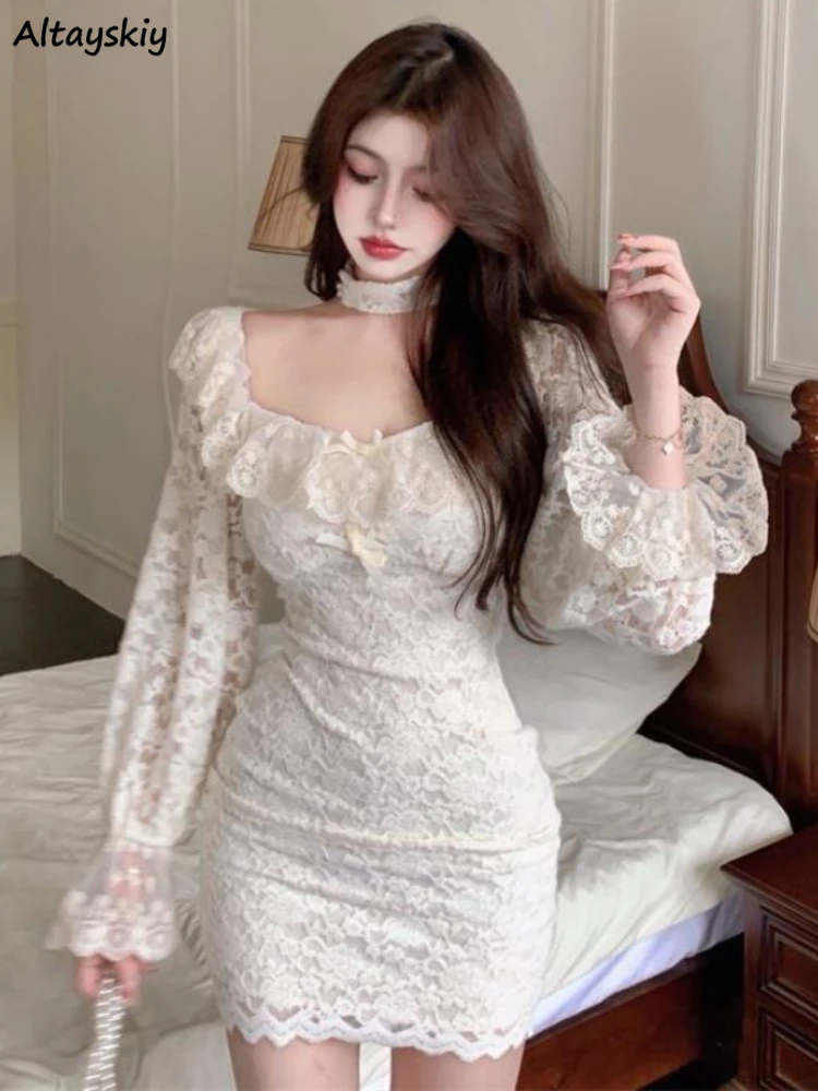 Dresses Women Sexy Popular Lace Streetwear Sheath Charming Solid Romantic Holiday Chic Flare Sleeve Design Elegant Square Collar