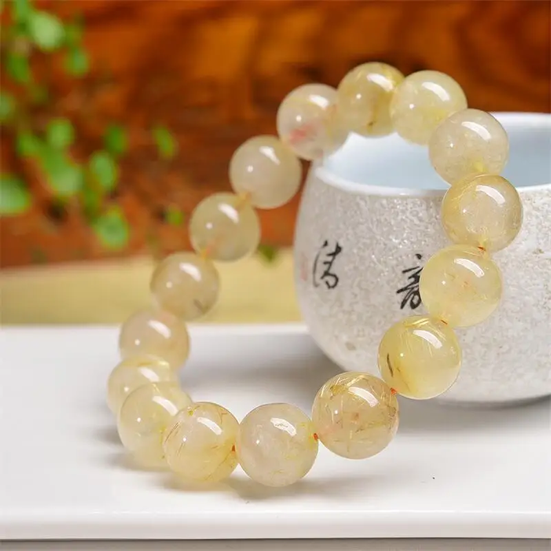 

12MM Natural Golden Hair Quartz Bead Bracelet For Women Men Love Gift Crystal Strands Jewelry Gift 1PCS