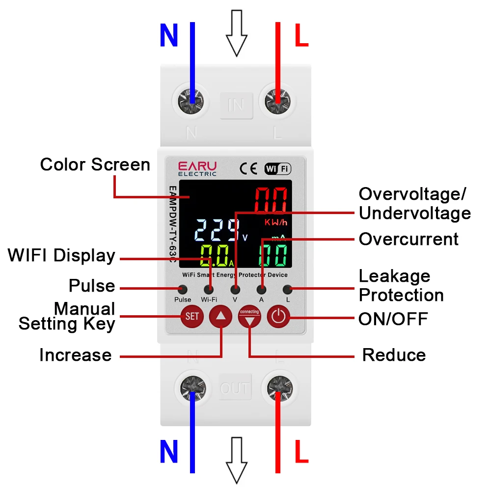 63A AC 230V Tuya WiFi Smart Energy Meter Power kWh Meter Earth Leakage Over Under Voltage Protector Relay Device Switch Breaker