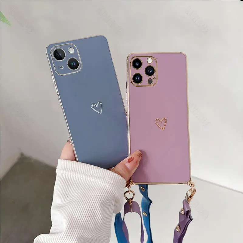 Funda con cordón cruzado de corazón de amor para iPhone 14 11 12 13 Pro Max 13 12 Mini 12pro 8 7 6 6S Plus 10 Xr Xs Max SE 2020