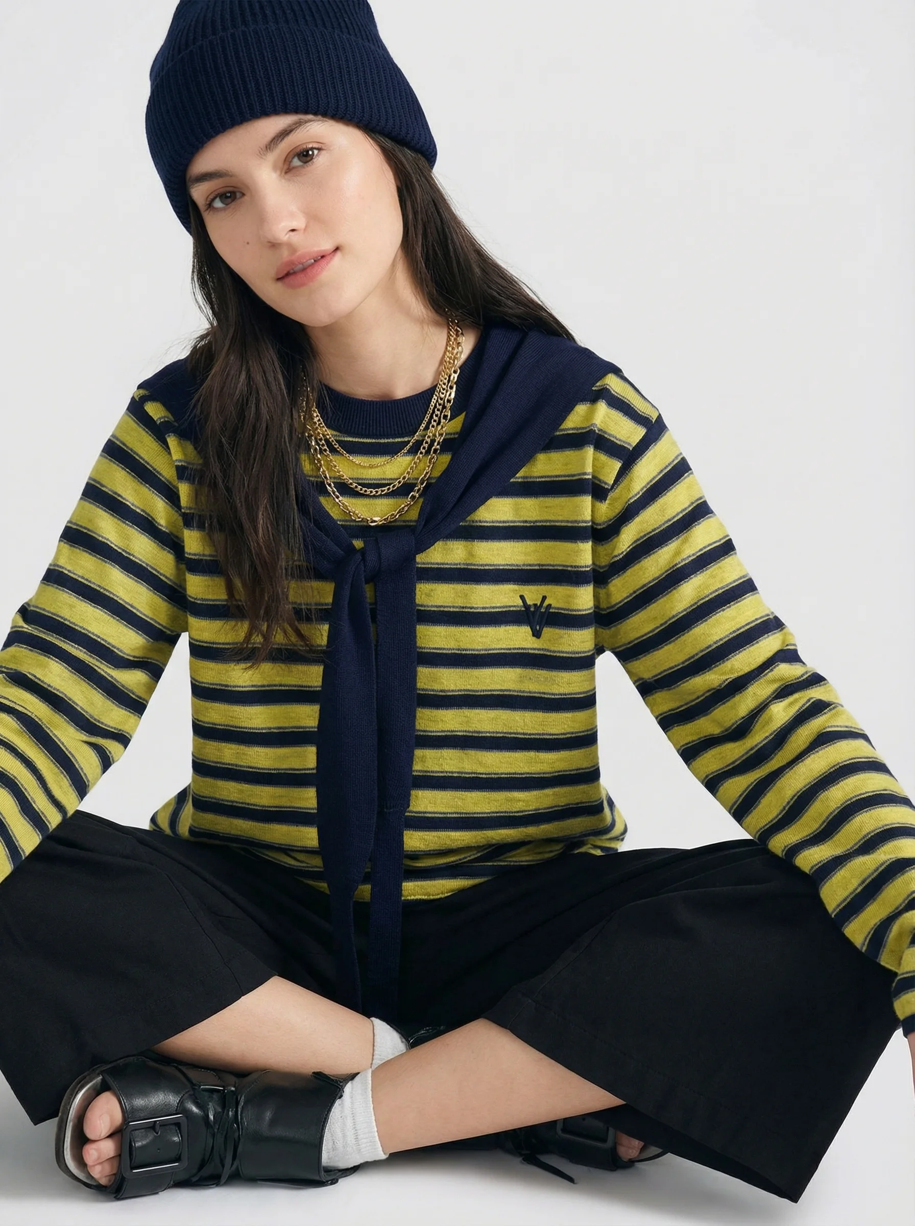 Women's Loose Long Sleeve round Neck Striped T-Shirt Base Shirt Cleanfit Style Cotton Blend Autumn Top Vintage Pattern