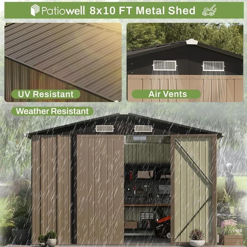 8x10 FT Outdoor Storage Shed, Large Garden Tool Metal Shed with Sloping Roof and Double Lockable Door, Outdoor Shed, Brown