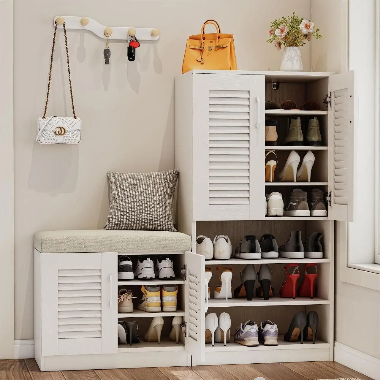 

Shoe Cabinet with Storage Bench Set for Entryway,7-Tier Shoe Storage Cabinet and 3-Tier Cushioned Shoe Bench with Louvered Door,