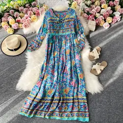 2023 New Spring Fashionable Retro Large Swing Long Dress Bohemian Casual Women's Loose Floral Ultra Long Beach Vacation Dress