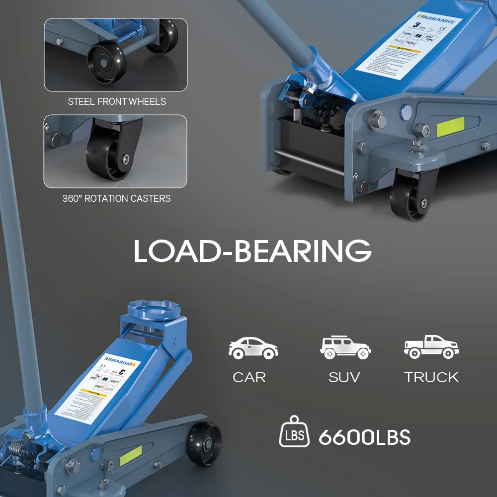 3-ton Heavy-duty Steel Floor Jack With Hydraulic Jack And Reflective Strip, Equipped With 360 ° Rotating Rear Wheels, Lifting Height Of 12.8 Inches, Suitable For Various Vehicle Models