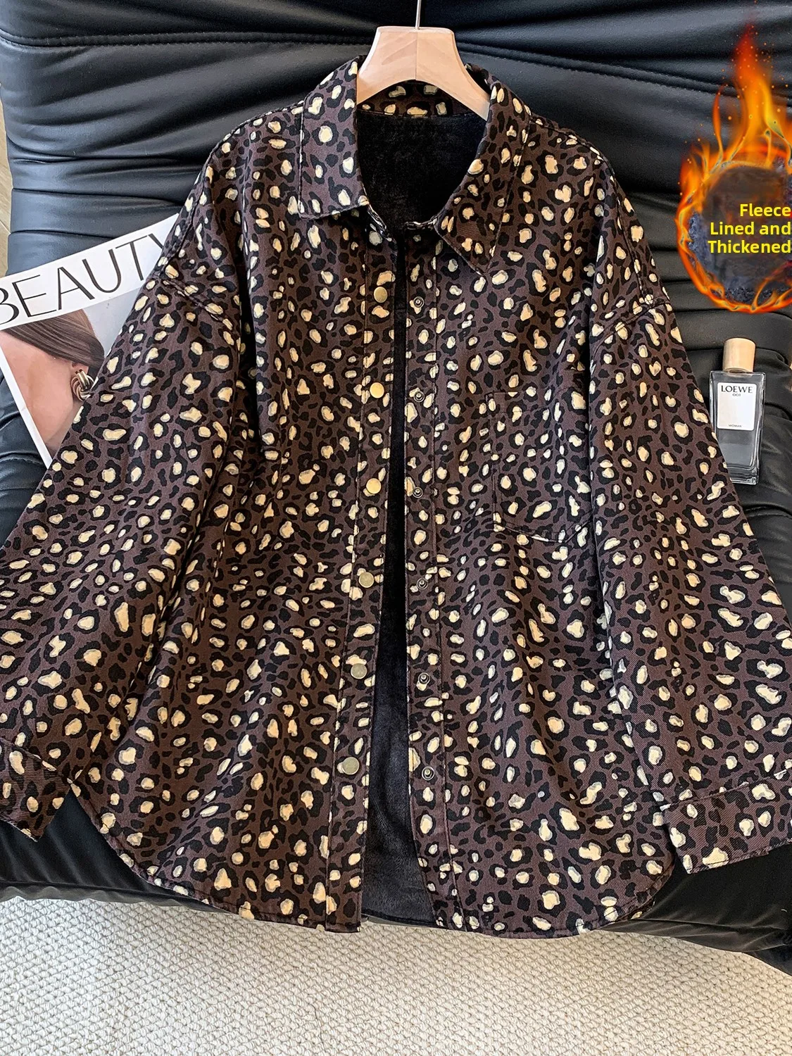 

Retro Leopard Print Long Sve Denim Jaet Women's Autumn Winter Thiened Casual Loose Slimming Fce Lined Coat Top