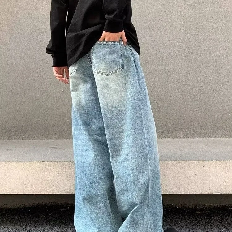 

New Cross-Border Light Blue Jeans, Vintage Washed And Distressed, Straight Loose Wide-Leg American High Street Men's Trendy
