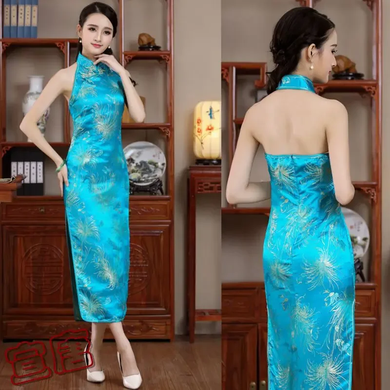 Lake Blue Cheongsam Sexy Backless Qipao Women Improved Chinese Style Dress Long Stage Performance Costume Silk Brocade Vestidos