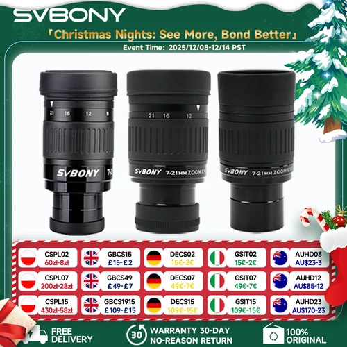 Svbony SV135 Ocular con zoom SVBONY SV135, ocular para telescopio de 7-21 mm y 1,25 pulgadas, accesorios para telescopio astronómico de 6 elementos y 4 grupos.
