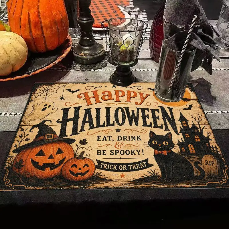 VIKAMA Vintage Happy Halloween Placemat Pumpkin Black Cat Haunted House Print Linen Farmhouse Spooky Table Decor