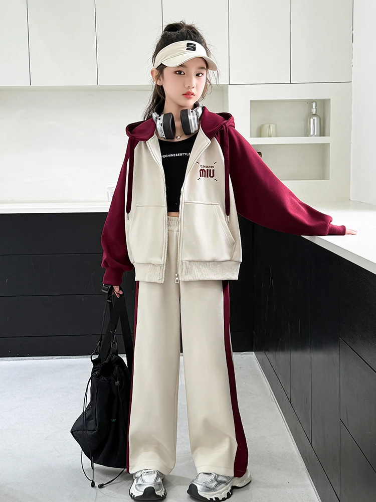 

Комплект повседневной спортивной одежды для девочек, весна-осень 2025, новый корейский модный костюм-двойка с длинными рукавами и хлопковыми брюками