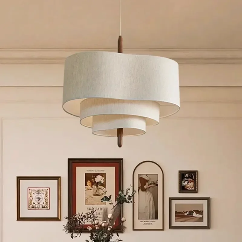 Nordic Ceiling Chandelier Retro Design Fabric Lampshade Led Light Modern Home Decoration Living Room Dining Bedroom Pendant Lamp