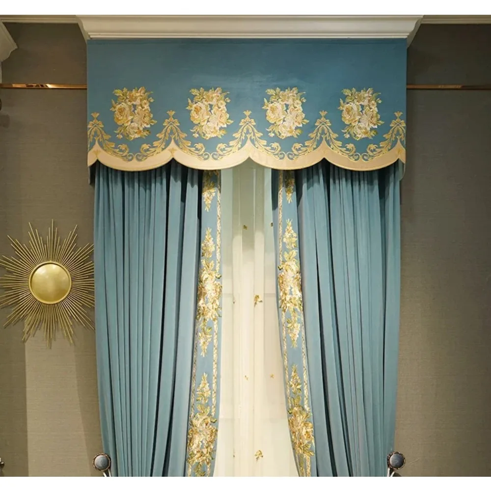 American Light Luxury Blue Embroidered Velvet Curtains For Living Room Bedroom Villa Customized Window Screen Products