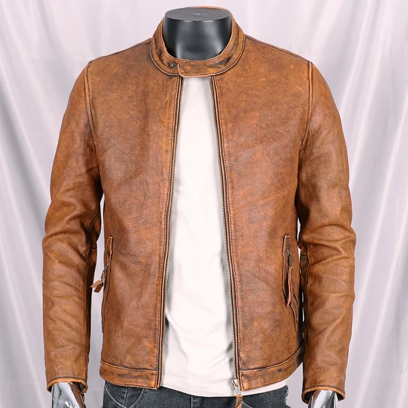 2024 Autumn Men's First Lyer Of Cowhide Leather Clothes Washed To Make Old Youth Male Short Slim-fit Simple Motorcycle Jackets