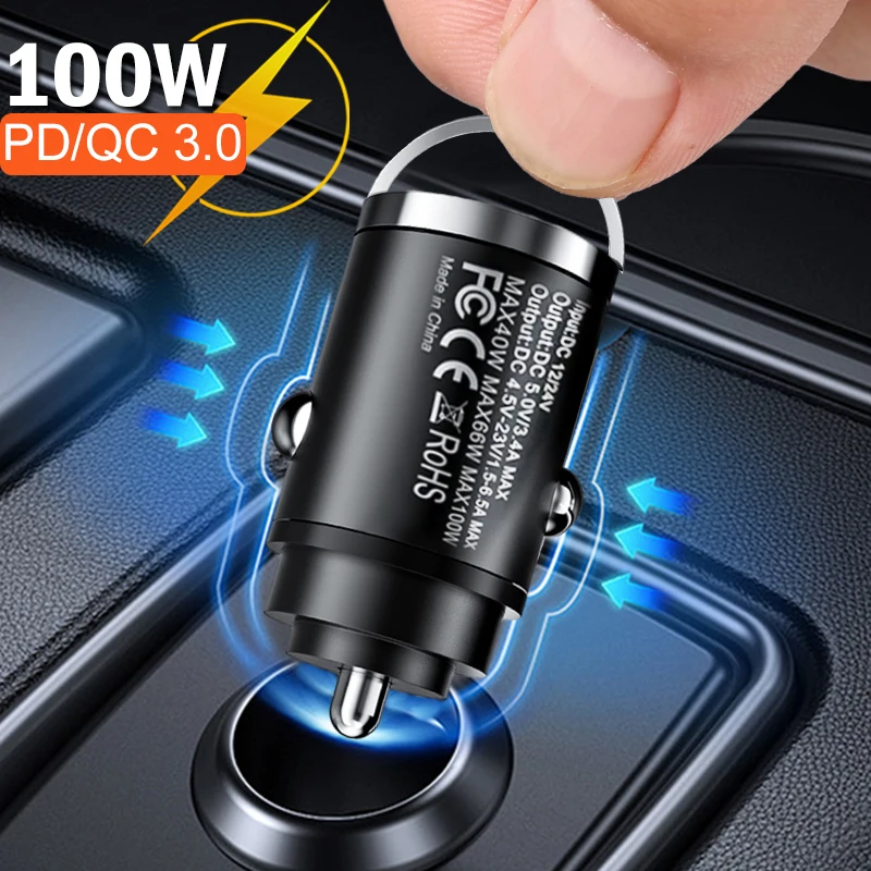 Mini Invisible 100W QC 3.0 Fast Charging PD 30W Car Charger with Pull Ring For iPhone 14 13 12 11 X XR XS 8 7 6 Plus Xiaomi