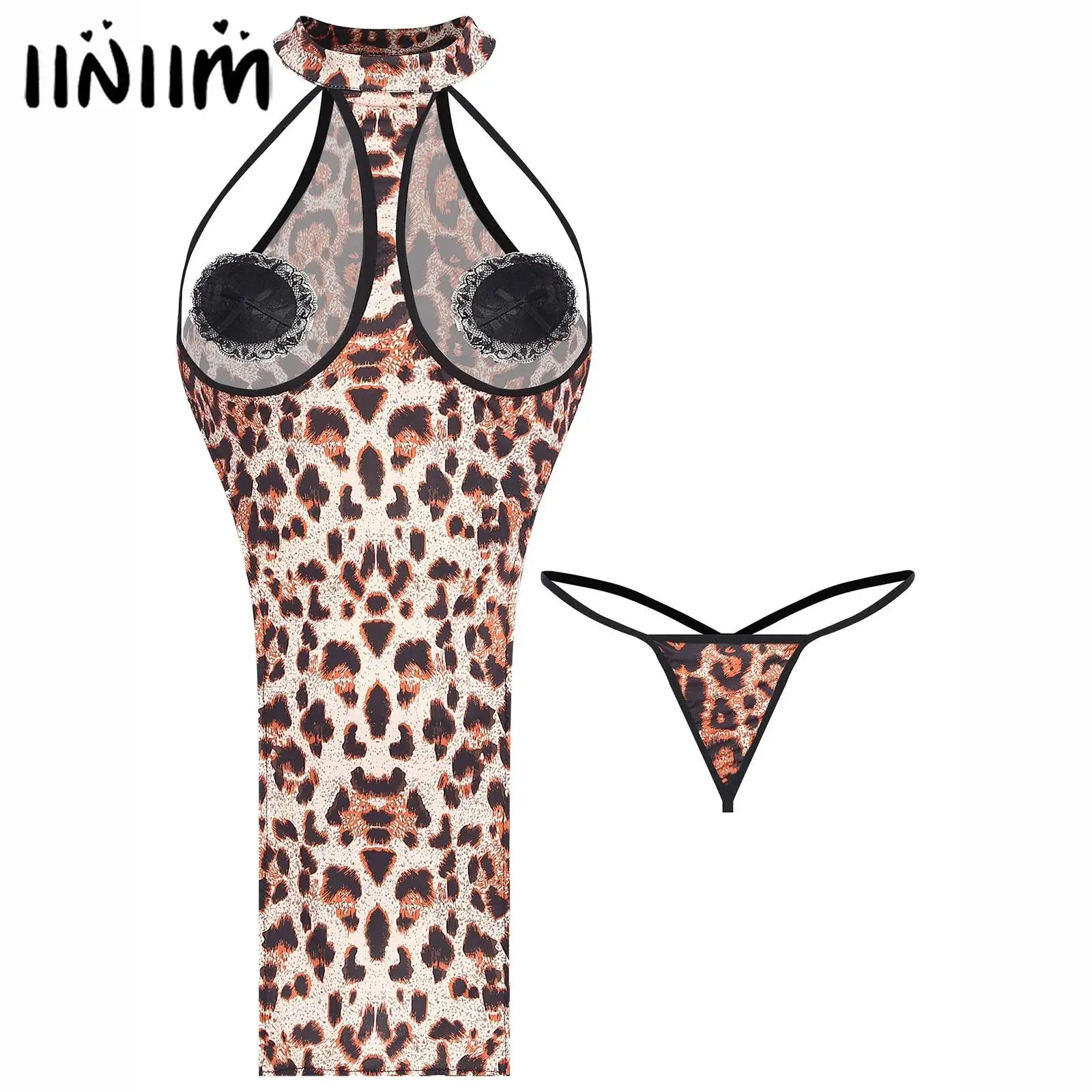 

Women Lingerie Set Hollow Out Slit Bodycon Dress Slim Hip Tank Mini Dress with Thong And Lace Open Nipple Cover Nightclub Wear