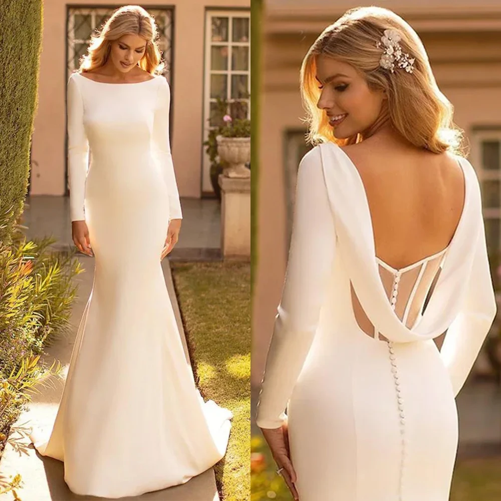 Robe de Mariée Sirène Élégante Personnalisée en Satin, Dos aux, Col Rond, pour Patients, Simple, Blanche, Manches sulf, Traîne de Balayage, 2025