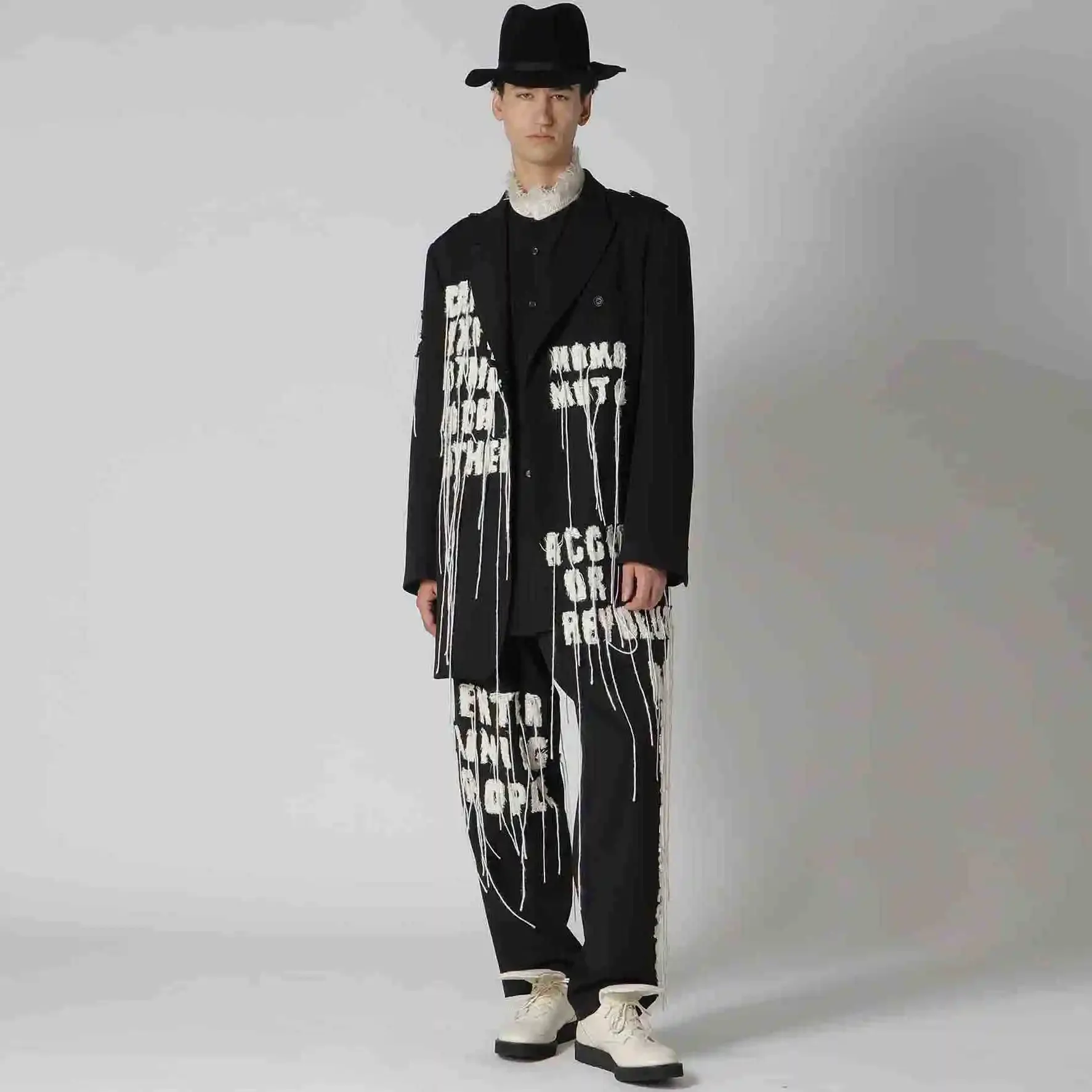 Veste de costume brodée pour homme, design japonais original YOJI OOAK, patchwork, lettres et pompon