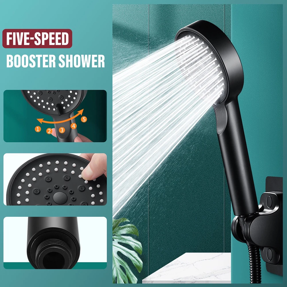 Hand Hold Shower Head 5 Modes Black Hand Shower Head Shower Head Set Upgraded Fixed Support Type Round ABS Plastic