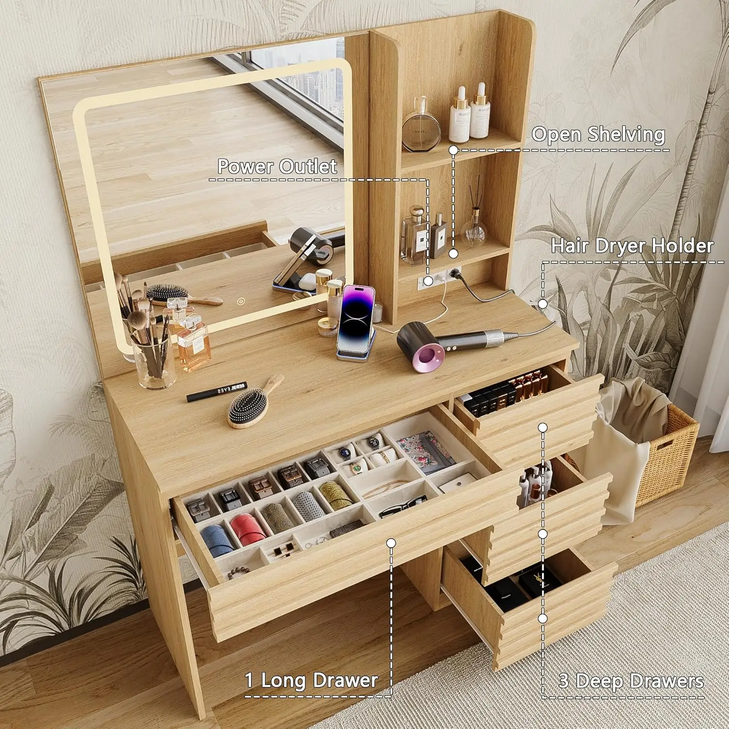 Bedroom Vanity Desk Set in Oak, Wood Material, 4 Drawers, Open Shelves, Charging Station and 3 Color Lighting Modes view 3