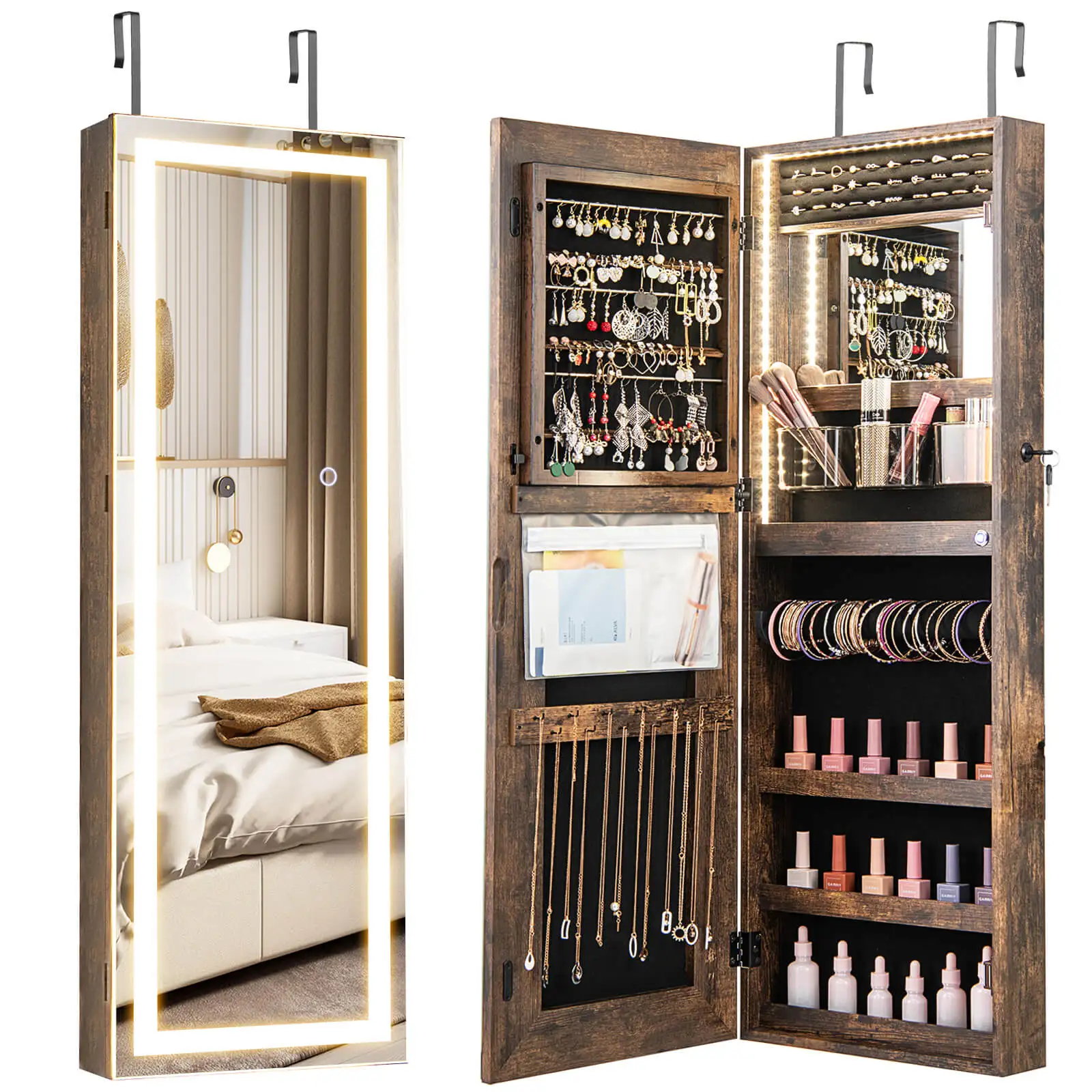 LED Mirror Jewelry Cabinet Wall/Door Mounted Organizer Armoire w/ 3 Color Light